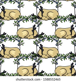 Vector seamless pattern of hand drawn cute sleeping deer in blueberry frame. Beautiful ink drawing, sweet animal illustration. Perfect for prints and patterns