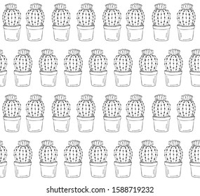 Vector seamless pattern of hand drawn doodle sketch flower cactus in pot isolated on white background