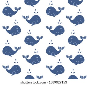 Vector seamless pattern of hand drawn doodle sketch blue whale isolated on white background