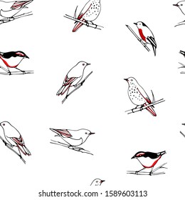 Vector seamless pattern with hand drawn cute little birds made with ink. Beautiful design elements, perfect for prints and patterns