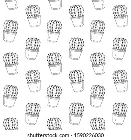 Vector seamless pattern of hand drawn doodle sketch cactus in pot isolated on white background