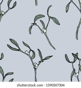 Vector seamless pattern with hand drawn mistletoe ink illustration. Christmas sketched botanical texture.