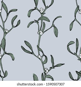 Vector seamless pattern with hand drawn mistletoe ink illustration. Christmas sketched botanical texture.
