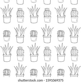 Vector seamless pattern of hand drawn doodle sketch potted aloe vera and cactus isolated on white background