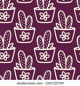Vector seamless pattern with hand drawn cacti in painted pots. Ink drawing, graphic style. Beautiful floral design elements, perfect for prints and patterns