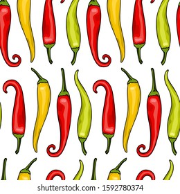Vector seamless pattern with hand drawn Tabasco peppers. Beautiful food design elements, ink drawing. Perfect for prints and patterns