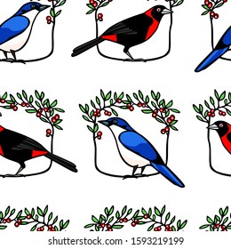 Vector seamless pattern with hand drawn cute bright birds in red berry wreath made with ink. Beautiful animal and Christmas design elements. Perfect for prints and patterns