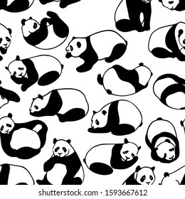 Vector seamless pattern with hand drawn resting pandas. Ink drawing, beautiful animal design elements. Perfect for prints and patterns