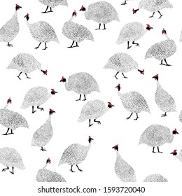 Vector seamless pattern with hand drawn guinea fowl. Beautiful food or animal design elements, ink drawing. Perfect for prints and patterns