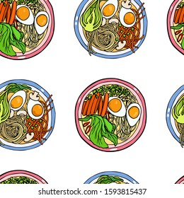 Vector seamless pattern with hand drawn Asian noodle bowls. Beautiful food design elements, perfect for any business related to the food industry.