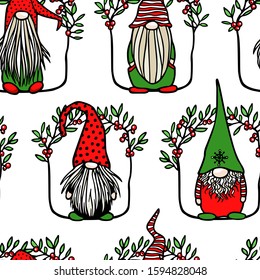 Vector seamless pattern with hand drawn cute Christmas gnomes in high caps in floral laurel with red berries. Ink drawing, funny illustration, beautiful Christmas design elements.