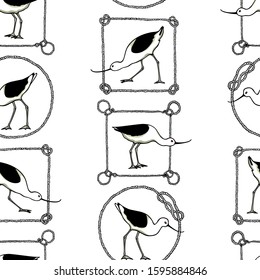 Vector seamless pattern with hand drawn cute Pied Avocets in rope frames. Beautiful animal design elements, ink drawing, perfect for prints and patterns