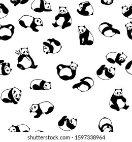 Vector seamless pattern with hand drawn resting pandas. Ink drawing, beautiful animal design elements. Perfect for prints and patterns