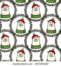 Vector seamless pattern with hand drawn cute polar bear in knitted hat and sweater in floral wreath. Funny design elements, animal illustration, ink drawing. Perfect for prints and patterns