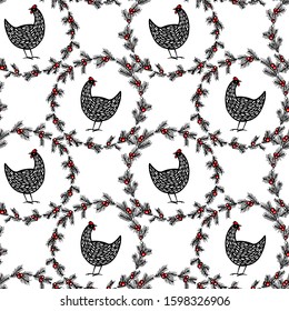 Vector seamless pattern with hand drawn chickens in winter pine wreath. Beautiful ink drawing, heavy contour, abstract design elements. Perfect elements for food or farming design.