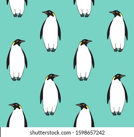 Vector seamless pattern of hand drawn doodle sketch emperor penguin isolated on mint blue background