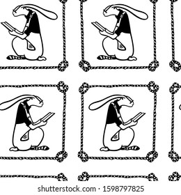 Vector seamless pattern with hand drawn sweet reading hare in nautical rope frame. Beautiful ink drawing, perfect for prints and patterns