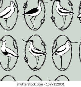 Vector seamless pattern with hand drawn cute shorebirds in nautical rope frames. Beautiful animal design elements, ink drawing, perfect for prints and patterns