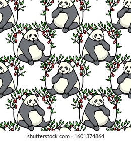 Vector seamless pattern with hand drawn cute pandas in floral wreath. Ink drawing, beautiful animal design elements. Perfect for prints and patterns