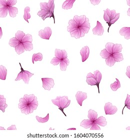 Vector seamless pattern with hand drawn illustration of sakura flower with watercolor imitation. Romantic japanese cherry repeated background. Spring background with sakura flower.