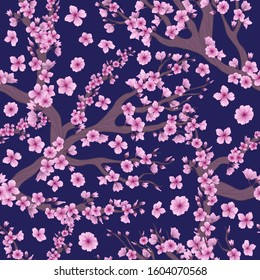 Vector seamless pattern with hand drawn illustration of sakura branch with flower on blue background. Romantic japanese cherry branch repeater background. Spring background with sakura flower. 