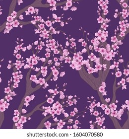 Vector seamless pattern with hand drawn illustration of sakura branch with flower on purple background. Romantic japanese cherry branch repeated background. Spring background with sakura flower.