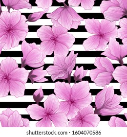 Vector seamless pattern with hand drawn illustration of sakura flower with watercolor imitation on stripes background. Romantic japanese cherry repeated background Spring background with sakura flower