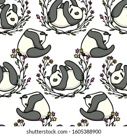 Vector seamless pattern with hand drawn cute playful pandas in floral wreath. Ink drawing, beautiful animal design elements. Perfect for prints and patterns