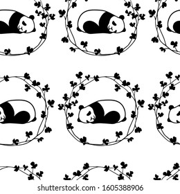 Vector seamless pattern with hand drawn cute sleeping pandas in floral wreath. Ink drawing, beautiful animal design elements. Perfect for prints and patterns