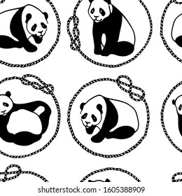 Vector seamless pattern with hand drawn cute playful pandas in nautical rope frames. Ink drawing, beautiful animal design elements. Perfect for prints and patterns