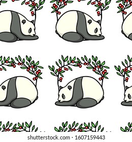 Vector seamless pattern with hand drawn cute playful pandas in floral wreath. Ink drawing, beautiful animal design elements. Perfect for prints and patterns