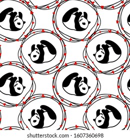 Vector seamless pattern with hand drawn cute playful pandas in red hearts frame. Ink drawing, beautiful animal design elements. Perfect for prints and patterns
