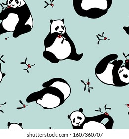 Vector seamless pattern with hand drawn cute playful pandas with red berry branches. Ink drawing, beautiful animal design elements. Perfect for prints and patterns