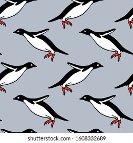 Vector seamless pattern with hand drawn sweet jumping penguins. Ink drawing, beautiful animal and nautical design elements. Perfect for prints and patterns