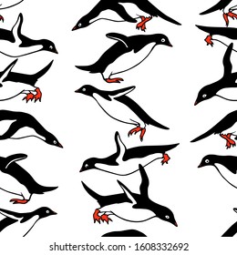 Vector seamless pattern with hand drawn sweet jumping penguins. Ink drawing, beautiful animal and nautical design elements. Perfect for prints and patterns