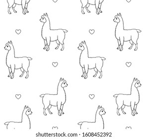 Vector seamless pattern of hand drawn doodle sketch llama alpaca and hearts isolated on white background