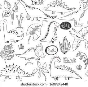 Vector seamless pattern with hand drawn dinosaurs and tropical leaves and flowers. Perfect for kids fabric, textile, nursery background. Cute dino design.
