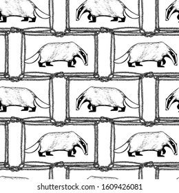 Vector seamless pattern with hand drawn badgers in nautical rope frame with ink. Beautiful animal design elements, perfect for prints and patterns