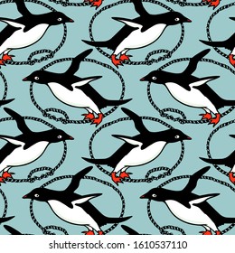 Vector seamless pattern with hand drawn flying  penguin in rope frame. Ink drawing, beautiful animal and nautical design elements.