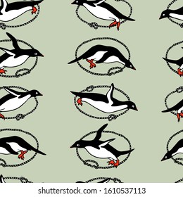 Vector seamless pattern with hand drawn flying  penguin in rope frame. Ink drawing, beautiful animal and nautical design elements.