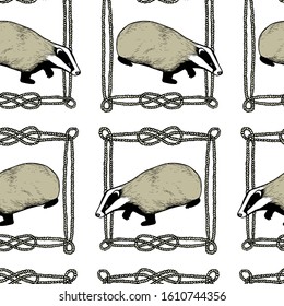 Vector seamless pattern with hand drawn badgers in nautical rope frames with ink. Beautiful animal design elements, perfect for prints and patterns