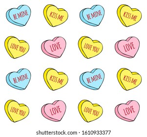 Vector seamless pattern of hand drawn doodle sketch valentine candy hearts with love text isolated on white background