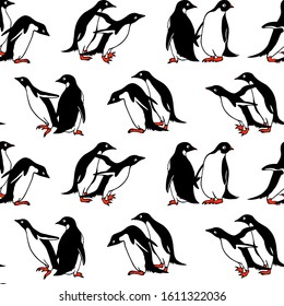 Vector seamless pattern with hand drawn sweet penguins. Ink drawing, beautiful animal and nautical design elements. Perfect for prints and patterns