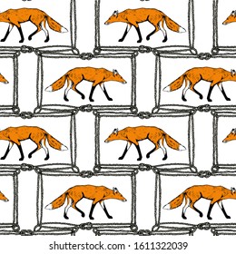 Vector seamless pattern with hand drawn walking foxes in nautical rope frames made with ink. Beautiful animal design elements, perfect for prints and patterns