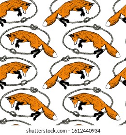 Vector seamless pattern with hand drawn jumping foxes in nautical rope frames made with ink. Beautiful animal design elements, perfect for prints and patterns