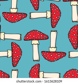 Vector seamless pattern with hand drawn poisonous wild fungus Amanita. Ink drawing, graphic style. Beautiful design elements, perfect for prints and patterns