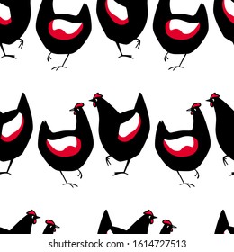 Vector seamless pattern with hand drawn black hens. Beautiful ink drawing, sweet elements for food or farming design. Perfect for prints and patterns