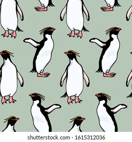 Vector seamless pattern with hand drawn cute Macaroni penguins. Ink drawing, funny illustration, beautiful animal design elements. Perfect for prints and patterns