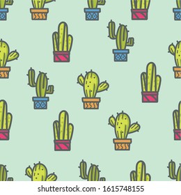 Vector Seamless Pattern Hand Drawn Playful Cactus in a Indoor Garden Flower Pot