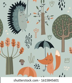 Vector seamless pattern with hand drawn wild forest animals with umbrellas, leaves, trees. Colorful autumn endless background for textile, wrapping paper, preschool and children room decoration